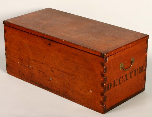 6 Board Dovetailed Blanket Box: 6 Board Dovetailed Blanket Box, descending in the Decatur family, Kittery Point, ME. Ht 16", w 36" x d 17.5"