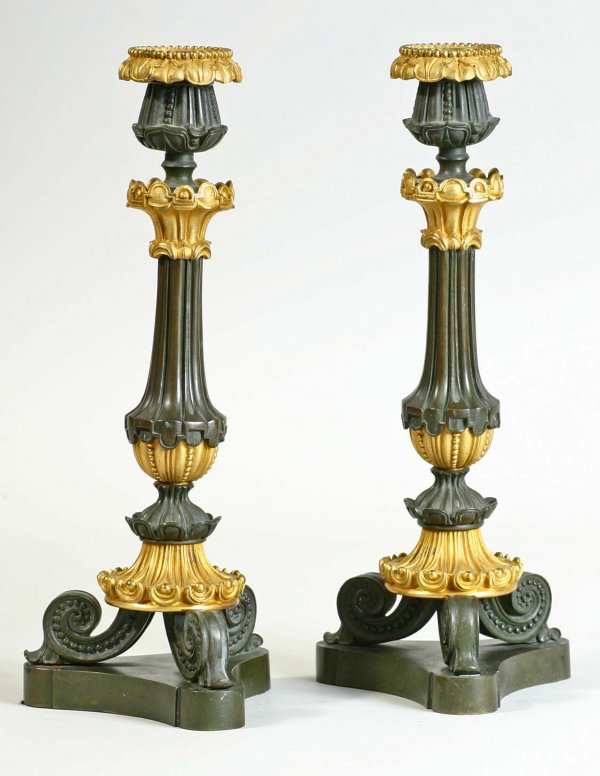 Pr French Empire Bronze Ormolu Candlesticks: Pair of French Empire Bronze Ormolu decorated candlesticks Mid 19th Century Marked Dauphine on the base with other ink inscriptions. H:12