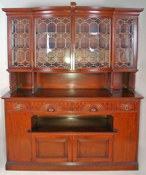 Mahogany Breakfront attributed to A H Davenport: Mahogany Breakfront attributed to A H Davenport, from the estate of Lydia Prescott Thayer, circa 1900. From their Cragie Street Cambridge residence. Cracks in 3 glass panels on ends. Scattered losses 