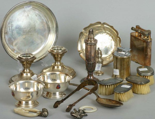 Estate Sterling: Assorted sterling and silver plate lot w/Dunhill lighter - Wt. Of weighable silver: 14.6 Troy Ounces