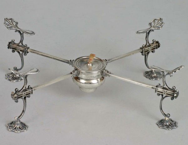 Georgian Sterling Silver Fancy Plate warmer/: Georgian Sterling Silver Fancy Plate warmer/ dish cross having adjustable legs. Hallmarked WA in two places( on bottom of burner and on inside of cover) Marks on base are worn. H:4 1/8 inches Extended