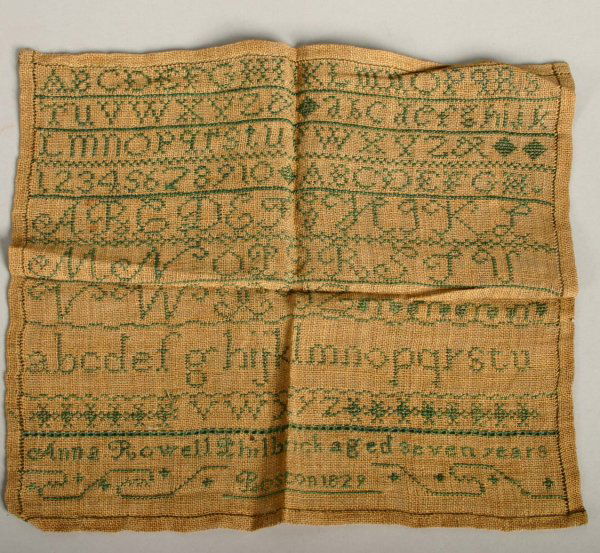 1829 Needlework Sampler: Needlework Sampler by Anna Rowell Philbrick "Aged Seven Years Boston 1829", size 11" x 11.75"