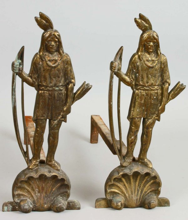Bronze Massasoit Andirions: Pair of Bronze andirons depicting The Wampanoag Chief Massasoit from the Massachusetts State House - H 19 in. D: 20.5 in. Provenance: Frank G. Allen