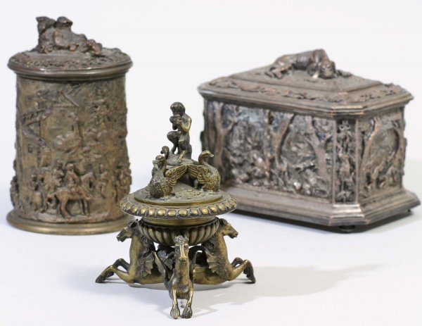 Estate Bronze Items: Three late 19th Century or early 20th Century Decorative items including silver-plated box with dog cover, bronze humidor and bronze incense burner with Pan on Top. Largest item: Box: 7 X 4.5 Inches.