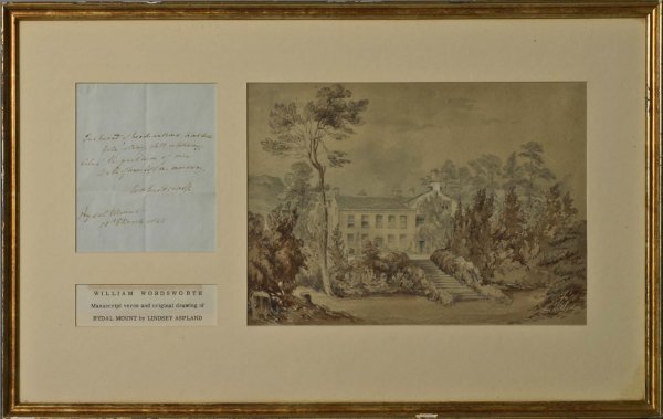 William Wordsworth Lyrical Ballads-Simon Lee Vers: Wiliam Worsdsworth (1770- 1850) Manuscript verse from: "Lyrical Ballads" first published in 1798 entitled : "Simon Lee:The Old Huntsman" and illustration of Rydal Mount by noted romantic illustrator T