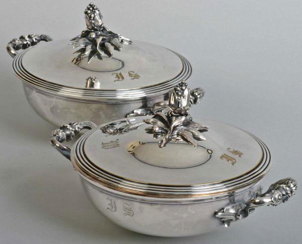 2 Cristofle Covered Vegetable Bowls: Two covered Vegetable bowls by Christofle, monogrammed J S for John Sargent of Richmond, VA.. Both 10.5 in with handles, one made with removable liner. 1 pc also monogrammed PKW, Social Security numbe