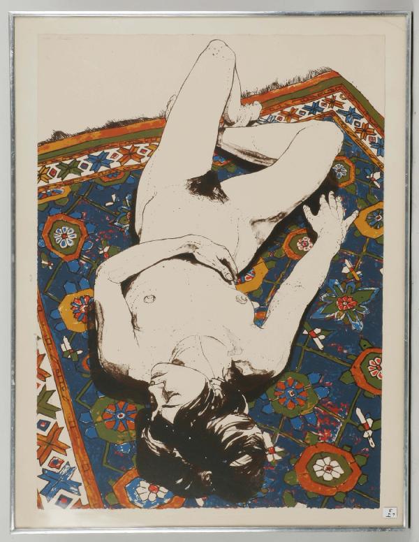 Nude on Oriental Rug P Pearlstein- Litho 12/50: Lithograph signed and numbered 12/50 "Nude on Oriental Rug" Philip Pearlstein w/label of Allan Frumkin Gallery, 41 East 57th St., New York 10022. Sight size 30" x 22", in metal frame. Overall size 33"