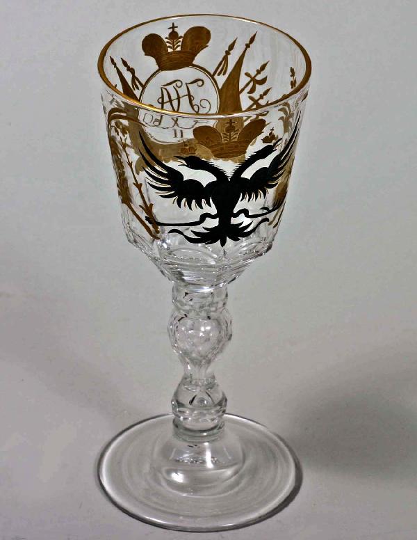 Russian Gilt Goblet: Russian Goblet w/gilt intaglio cut work on one side and w/cartouche and monogram for MA Gov. Frank Allen H: 6-1/2"