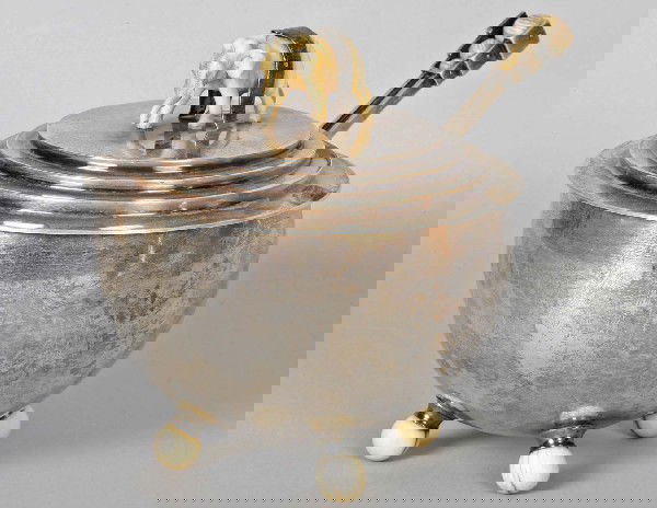 Gorham Sterling Silver Art Deco Sugar Bowl: Gorham sterling silver covered sugar bowl having an ivory elephant on cover and set on four raised ivory ball feet, along with round bowl spoon having three graduated ivory balls at end of the handle.