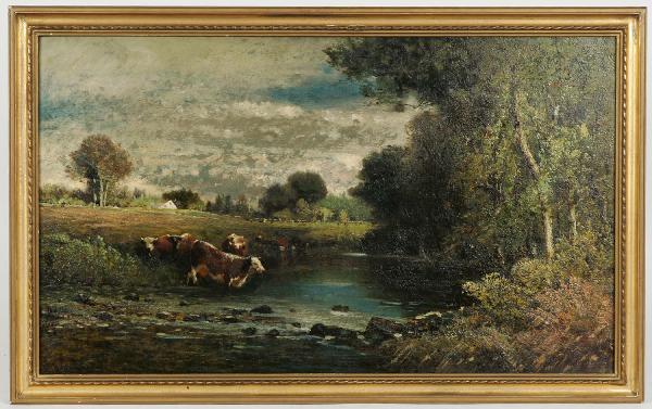 Pastoral O/C Geo. N Cass: Oil on canvas pastoral landscape with cows wading at rivers edge signed lower left Geo. N. Cass, sight size 15-1/2" x 26-1/2", overall 18-1/4" x 29-1/4" in a Foster Bros. frame
