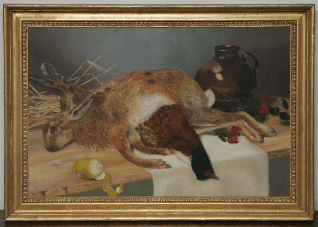 O/C Game Still Life Painting: O/C Still Life of Game, Dutch style housed in contemporary frame. Sight size 19" x 28.75". Overall 24"x34". English School.