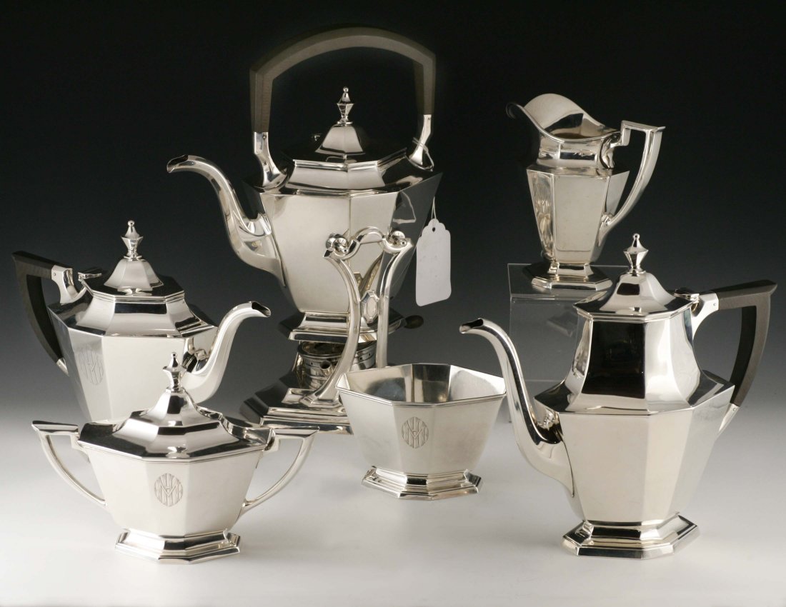 Gorham Sterling Tea Service: Sterling silver six piece Gorham tea and coffee service, 102 troy ounces, monogrammed. Hot water kettle height 12.5 in. All pieces are monogrammed illegibly possibly M H. No visible dents or dings, so