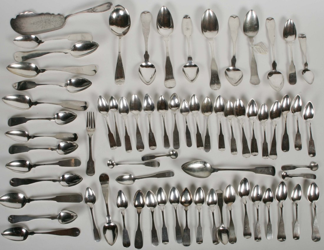 57.6 Troy Ounces of Coin Silver: 57.6 ounces of assorted coin silver spoons by makers including; J & B Jones, E B Horn, Lincoln & Reed, Carlton, N G Wood & Sons, Jones, C B Brown, N Harding, Gorham & Webster, A C Cutler, Nichols and 