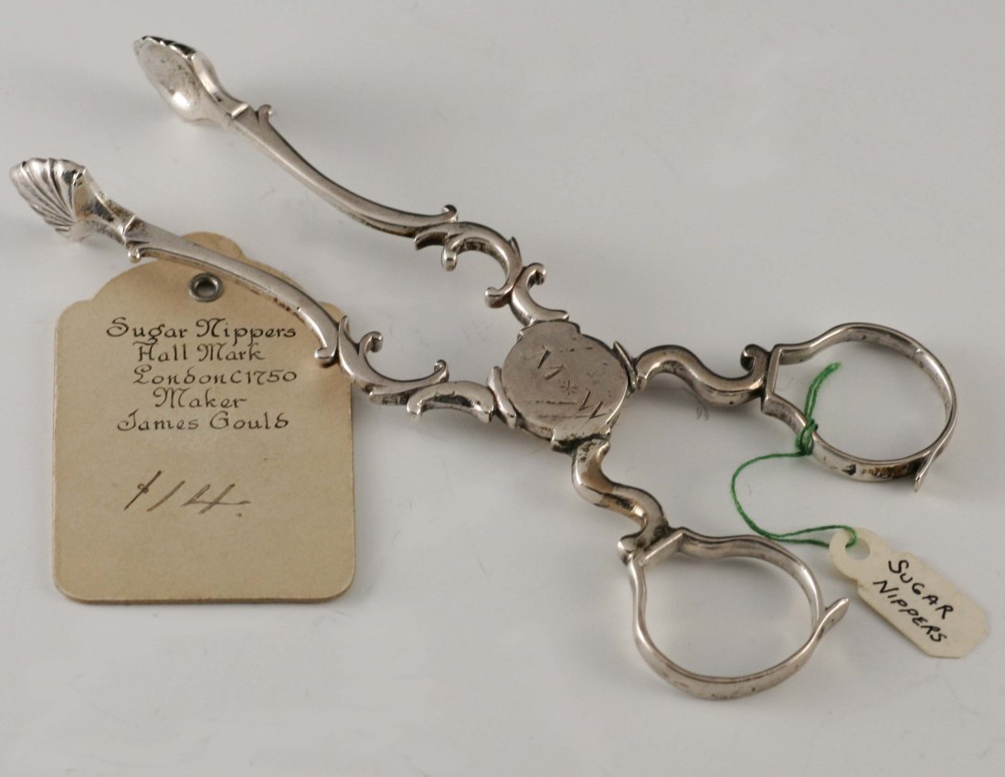Pair of Georgian Sugar Nippers: Pair of Georgian sugar nippers, possibly marked James Gould, circa 1750. Length 5 inches.
