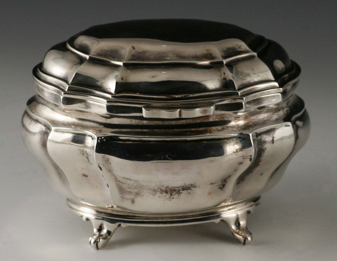 Crichton Silversmiths Tea Caddy: James Crichton Silversmiths hinge covered tea caddy. Wedding gift to Eleanor Erving King and Charles Edgar Ames, 1924. Height 4 inches, width 6 inches, 8.6 troy oz.