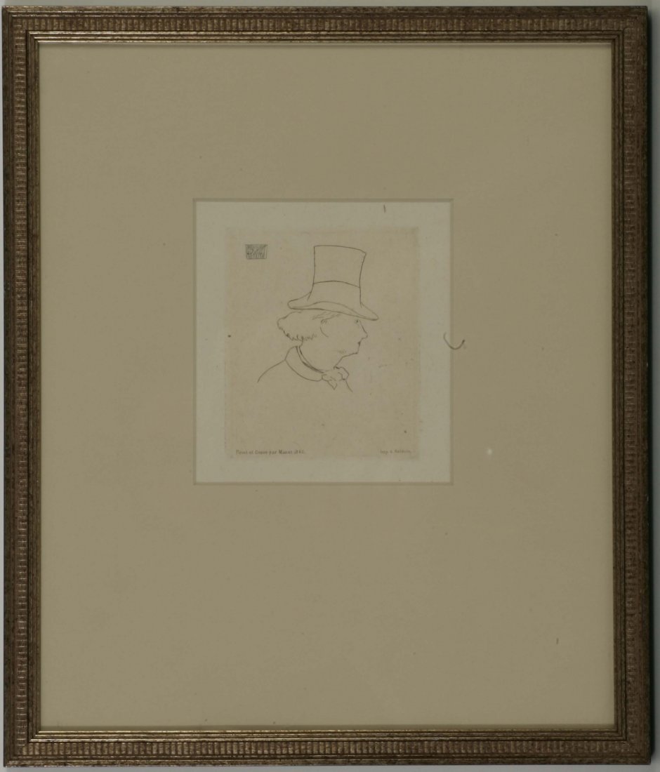 Manet Etching Peint et Grave 1862: Manet Etching of a man in top hat, marked lower left 'Peint et Grave par Manet 1862'. Marked lower right 'Imp. A. Salmon'. Also upper left with letter M in square. Sight size 4 x 3.5 inches, frame siz