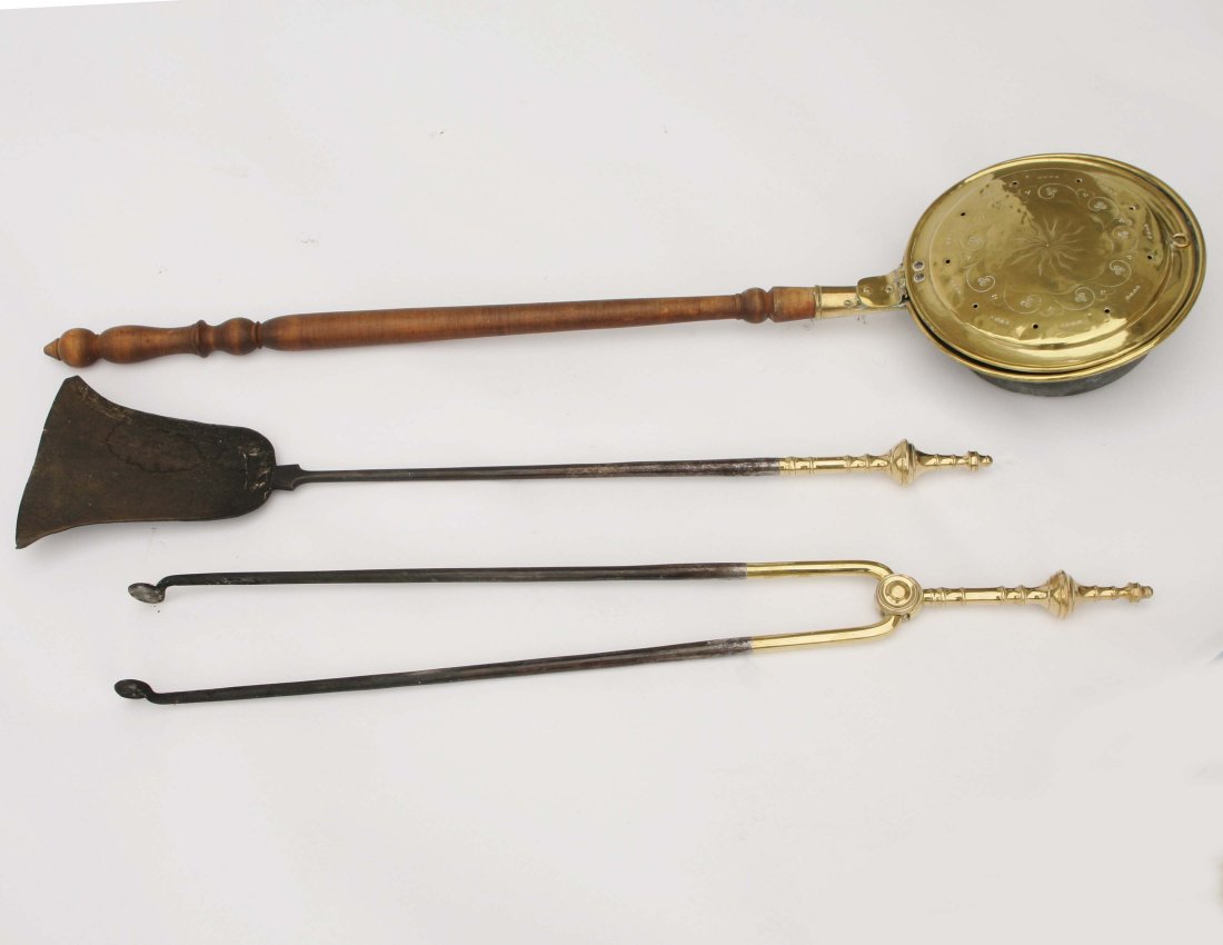 Assorted Hearth Items: Assorted hearth items including period bed-warmer, pair period brass handle shovel and tongs, Cape Cod lighter, oval brass box, etc.