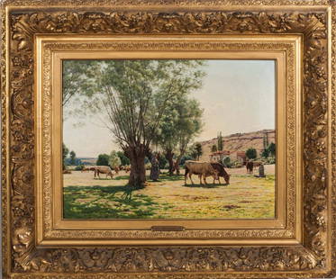 Jean Ferdinand Monchablon (1855 - 1904): J Monchablon - Framed oil painting on canvas depicting "Pasture, Cattle & Woman". Sight size 17.75 x 23.75, O/A 31.5 x 37.5, signed and dated lower right, further inscription lower left, similarly