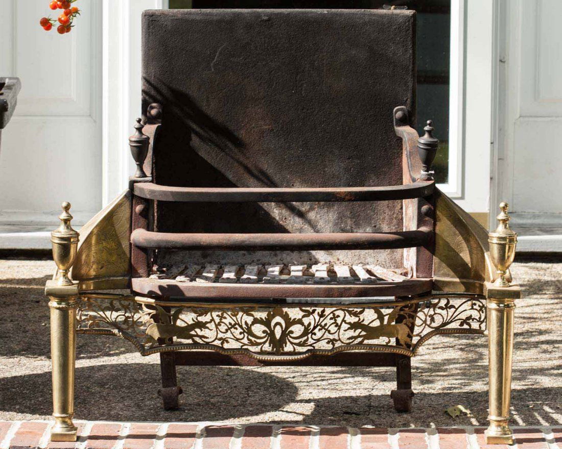 Brass & Cast Iron Fireback: Brass & Cast Iron Georgian style Fireback or Fire Grate, having Chased and engraved decoration, circa 1900. width 31, ht 27.5, d 14. Part of gallery detached, NOTE; this item is extremely heavy.