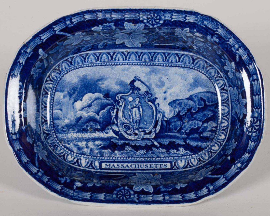 Staffordshire Open Vegetable Bowl: Staffordshire open Vegetable Bowl having the Massachusetts State Seal. The bowl having a staple repair. Size 8.75” x 6.5”.
