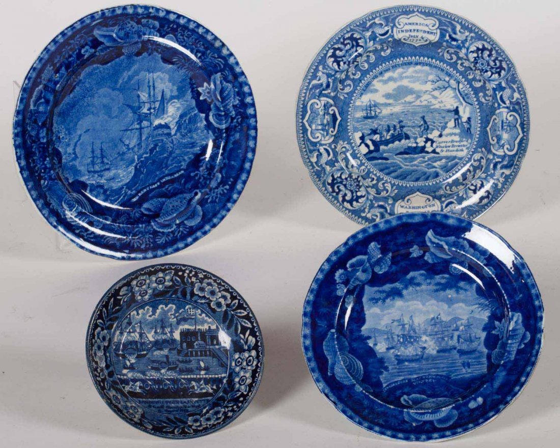 Four Staffordshire Plates/Dishes: Four Staffordshire Plates/Dishes including Landing of Lafayette (crack) D: 5.75”, McDonoughs Victory D: 7.5”, The Kent East Indiaman D:9.25” and Landing of the Pilgrims D: 8.5”.