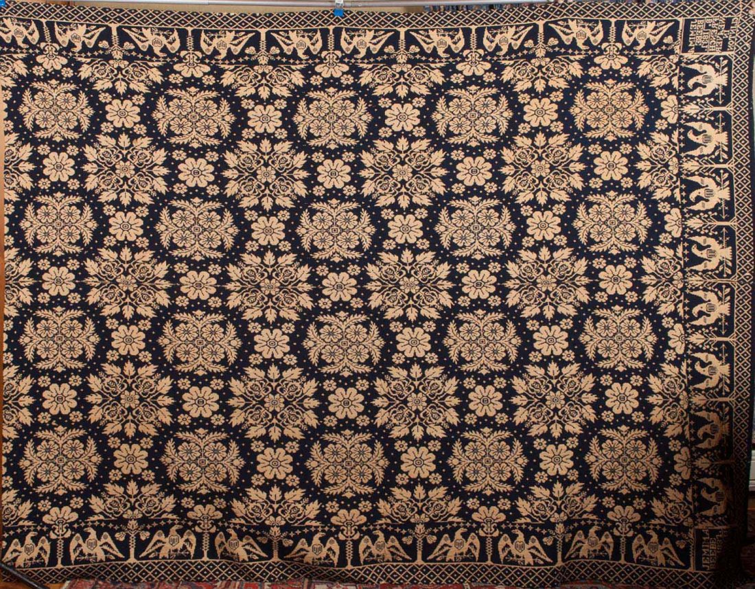 Jacquard Coverlet Jemima Beebe 1831: Jacquard Coverlet being reversible marked Jemima Beebe 1831. B. French Weaver in Clinton. 9' x 6'-6”. (scattered moth damage). ALONG with an unmarked Wedding Ring pattern Coverlet.