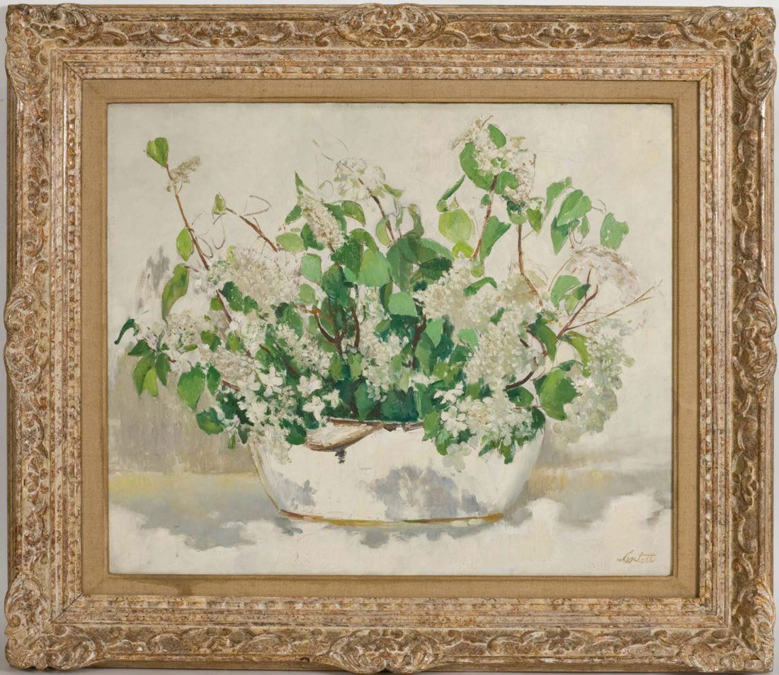EDWARD LINTOTT White Lilac & Witch Hobble O/C: EDWARD BARNARD LINTOTT, American 1875-1951 O/C "White Lilac & Witch hobble". Signed lower right. Sight size 25" x 29". Overall 35" x 39.50". Purchased Marie Sterner Gallery NY. (Frame condition issues