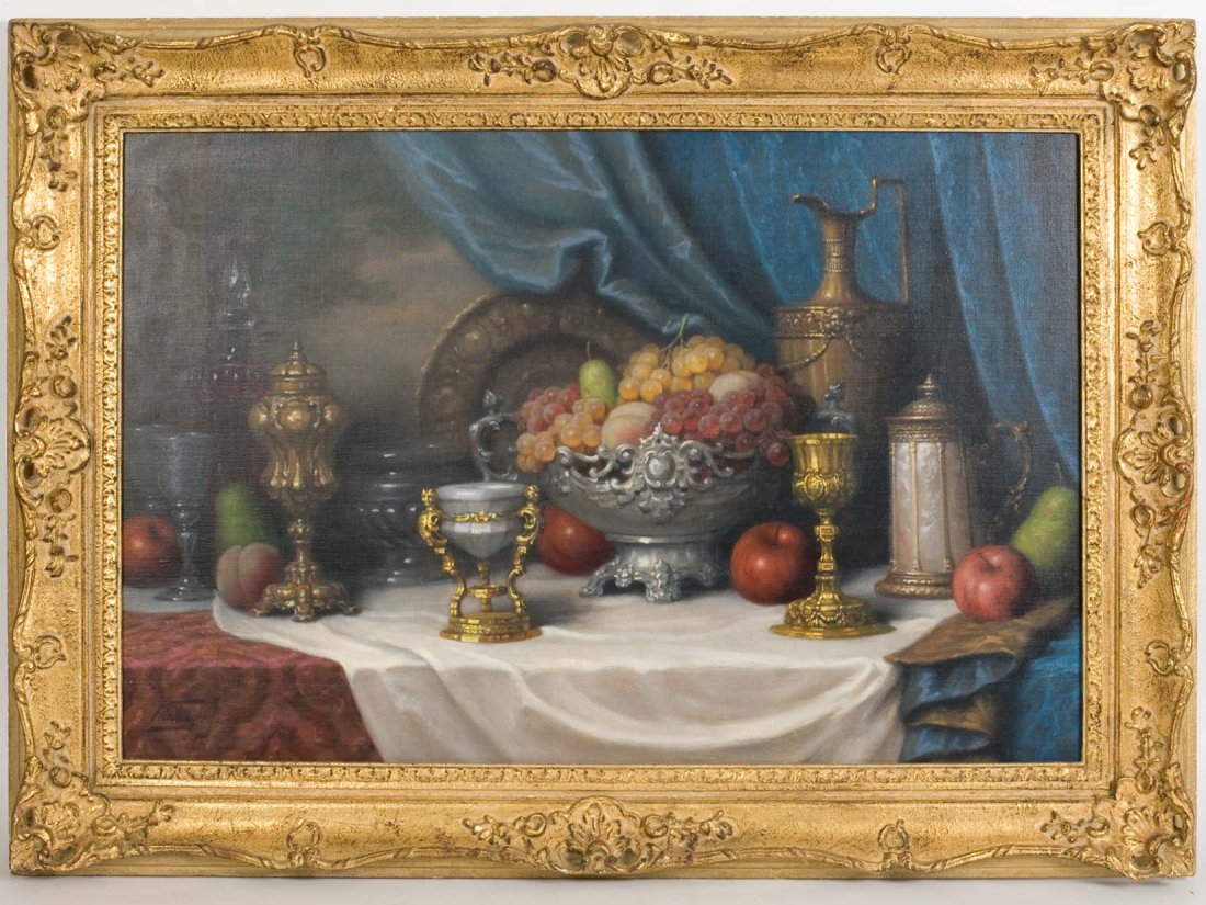 JOHN FRIED LINGER Still Life O/C: JOHN FRIED LINGER 1890- O/C "Still Life". Sight size 24" x 36". Overall 32" x 43.75". Signed lower left.