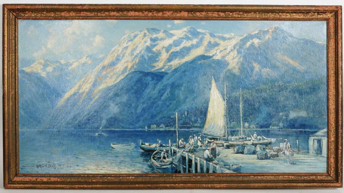 ARTHUR VIDAL DIEHL Fjord Scene painting: ARTHUR VIDAL DIEHL (American 1870-1929) Oil painting on artist board depicting a Fjord scene signed lower left Arthur V. Diehl and dated 1927. Sight size 19.75" x 39.50". Overall 24" x 43.50". Frame h