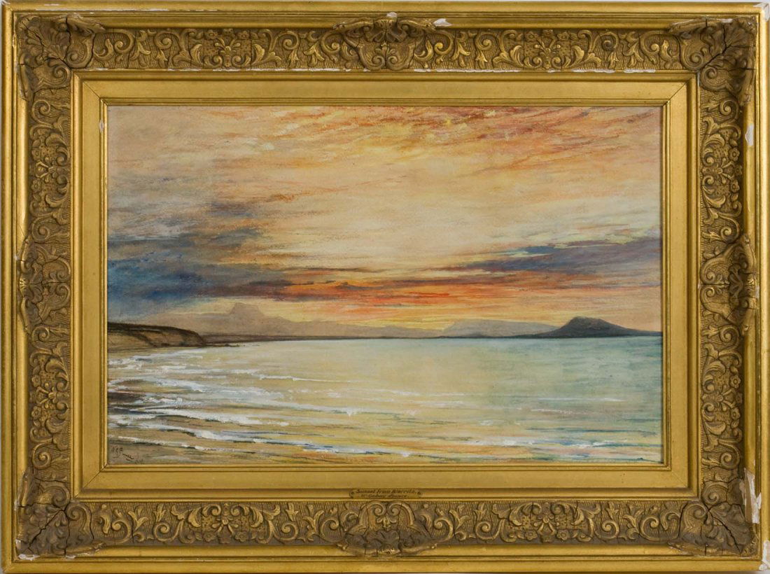 WILLIAM GEDNEY BUNCE Watercolor/gouache: WILLIAM GEDNEY BUNCE (American 1840-1916) Watercolor/gouache entitled "Sunset from Biarritz" purchased at Arthur Young Galleries, Portsmouth, NH. Sight size 11.25" x 19", overall size 19.25" x 26". Fa