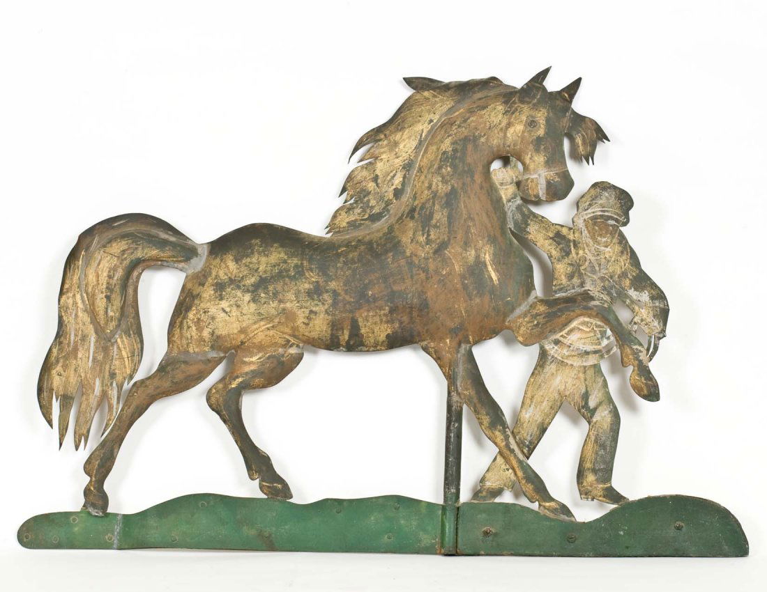 Full body Horse Weather Vane: Full body Horse Weather Vane being led by figure. Late 19th or early 20th century. Retains some of its original gilding. L: 29", H: 21.50", mounted on metal base L: 34.50".