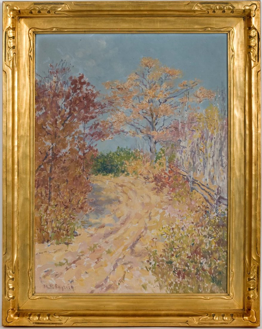MBP English 1861-1944 ss 23"x17": MABEL BACON PLIMPTON ENGLISH 1861-1944 American Artist Oil on canvas depicting a country road with autumnal colors. Signed lower left M.B. English. Housed in its original Arts and Crafts frame. Sight 