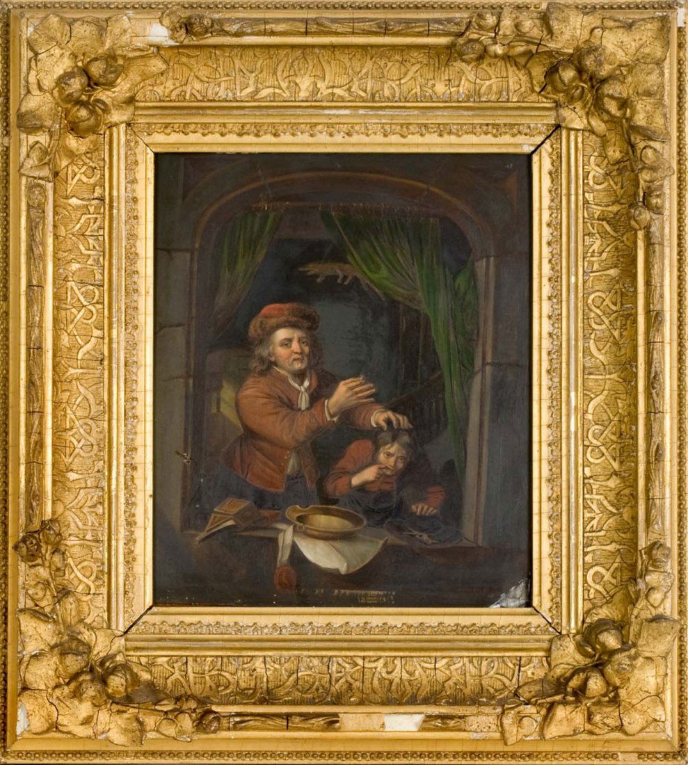 Dutch School Dentist on tin ss 9"x8": CONTINENTAL SCHOOL OIL ON TIN PANEL (UNSIGNED) Depicting a Dentist and his patient circa 1850-60. Housed in gessoed frame with losses. Sight size 9-1/2" x 8". Overall size 16-1/4" x 14-3/4". Slight da