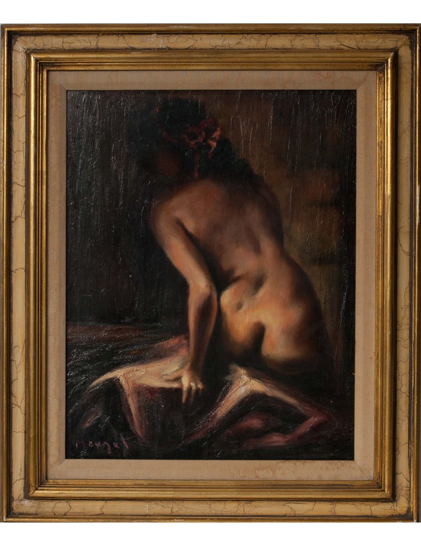 Oil on Masonite Female Nude: Oil on Masonite female nude signed Monet, 19.5" x 15.25"