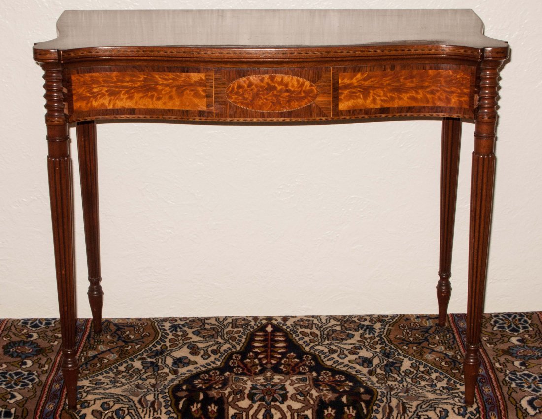 Sheraton mahogany serpentine front card table: Benchmade Sheraton mahogany serpentine front card table, circa 1920