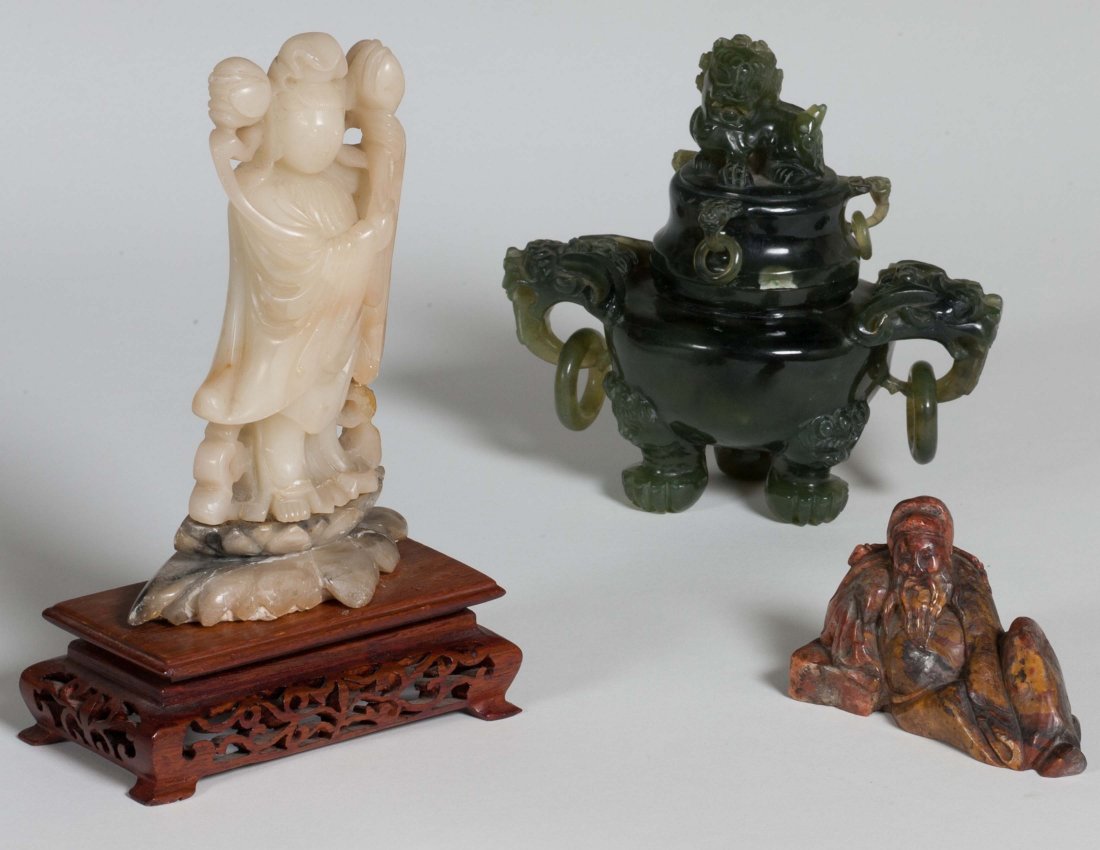 Chinese Stone Carvings: Chinese hardstone carving of a reclining man 4 in long, carved Soapstone Quan Yin figure ht 8 in overall and spinach Jade censer 5.75 in overall ht.