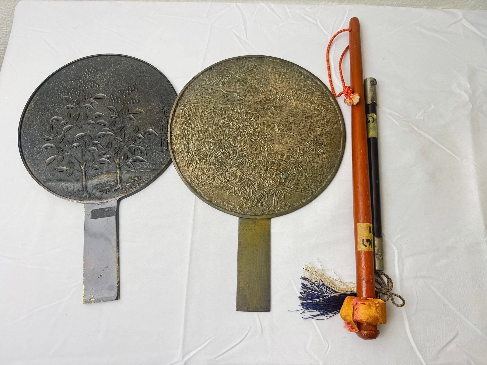 Japanese Antique Bronze Mirror and Prayer items: Japanese Antique Bronze Mirror and Prayer itemsKagami Hand Mirror. Edo Period (Year 1615 to 1868)