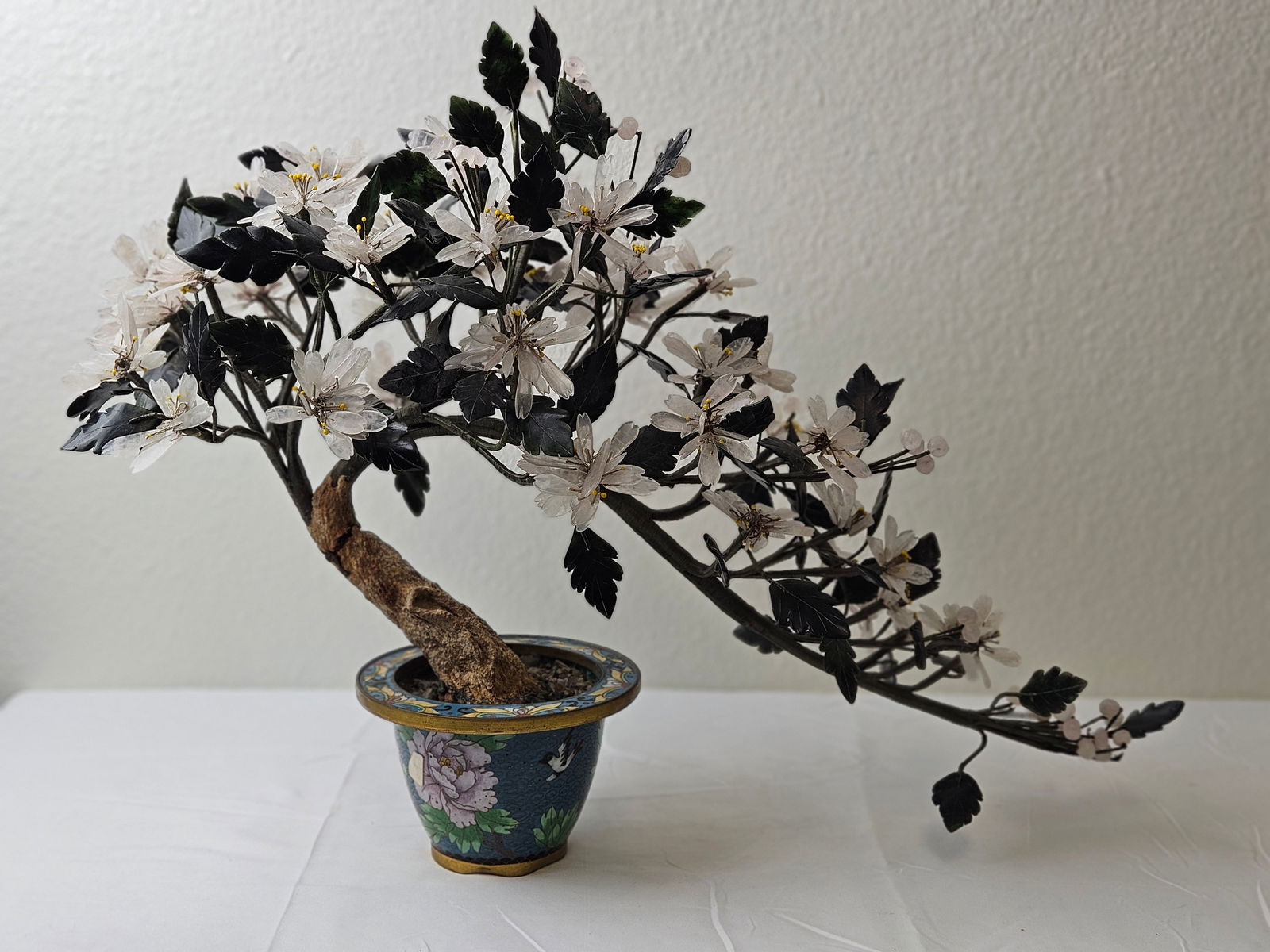 Chinese Republic Period Cloisonne and Jade Bonsai Ornament: Chinese Republic Period Cloisonne and Jade Bonsai Ornament