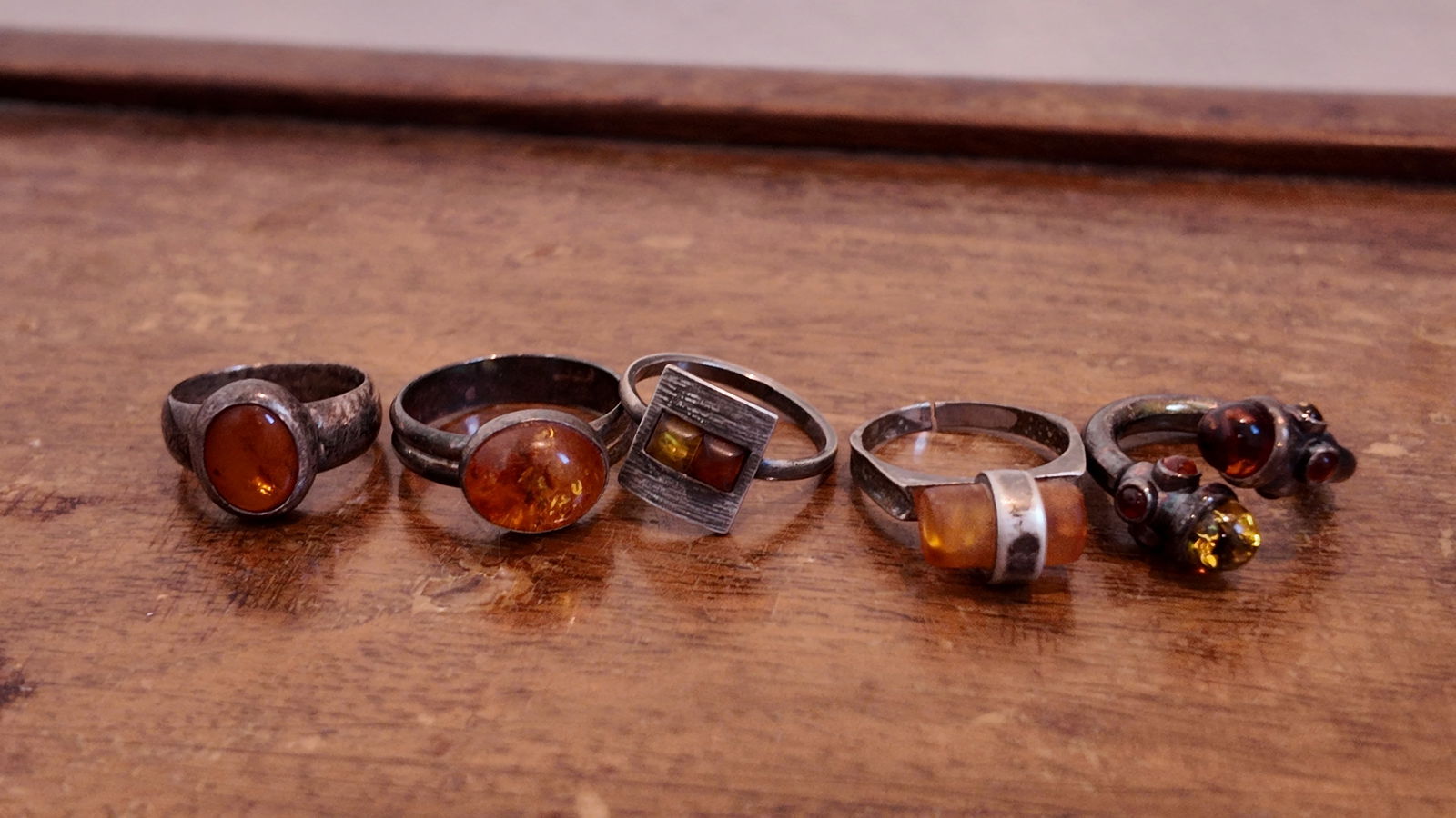 Five pieces of antique sterling silver amber rings (1 of 5)