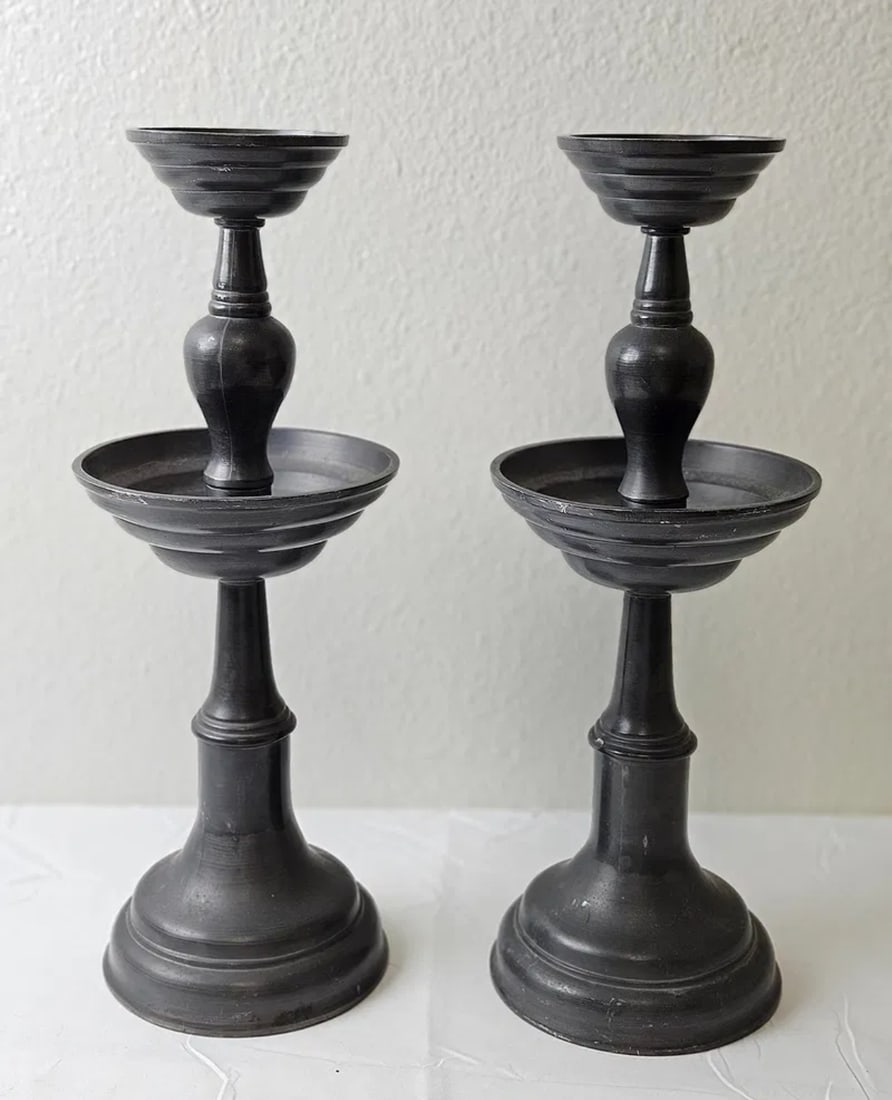 Pair of Large Chinese Late Qing / Republic Pewter Candlesticks: Pair of Large Chinese Late Qing / Republic Pewter Candlesticks