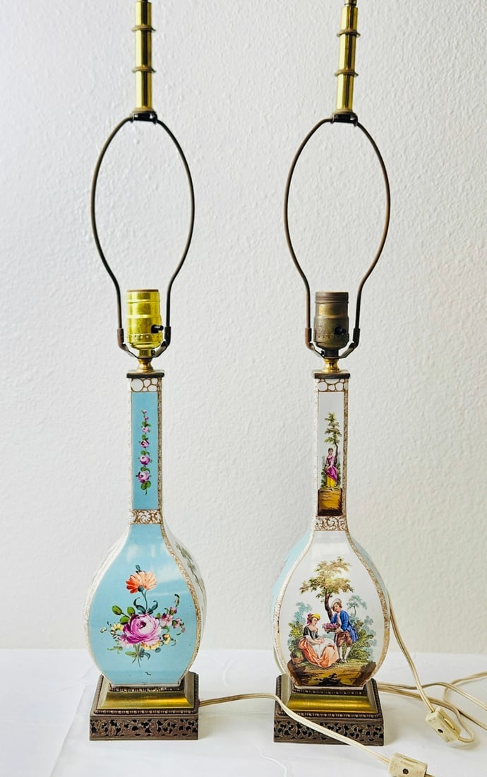 A Pair of Western Antique Famille Rose Hand-Painted Lamps: A Pair of Western Antique Famille Rose Hand-Painted Lamps