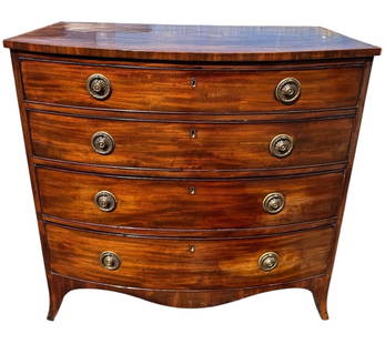 A GEORGE III MAHOGANY BOW FRONTED CHEST Of four long drawers, fitted with gilt metal handles, raised: A GEORGE III MAHOGANY BOW FRONTED CHEST Of four long drawers, fitted with gilt metal handles, raised on bracket feet. (h 91cm x d 53cm x w 94cm)