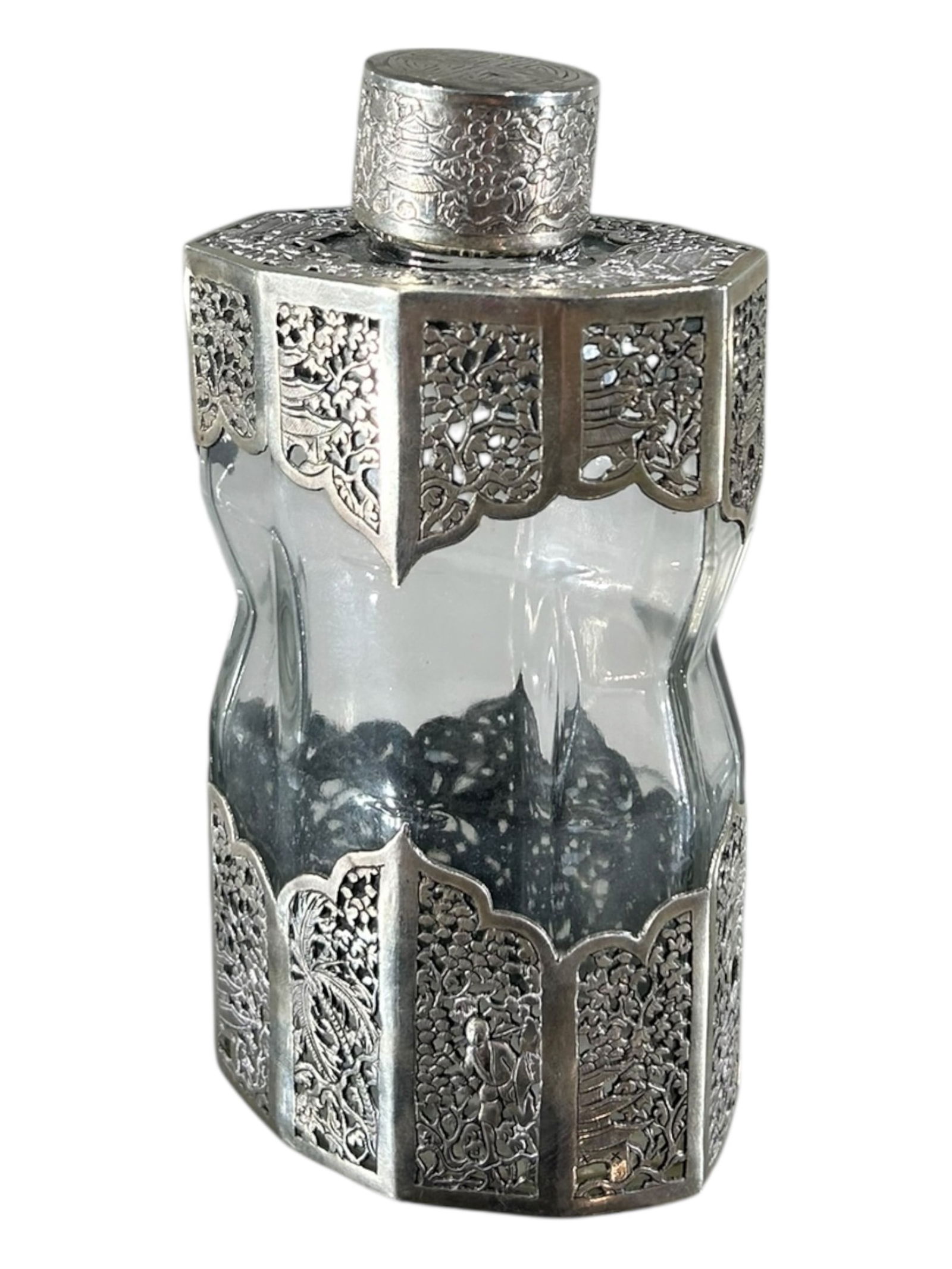 LENTHERIC, PARIS, 20TH CENTURY WHITE METAL AND GLASS PERFUME BOTTLE Having pierced Japanese style (1 of 5)