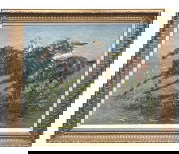 MAXINE COX, 20TH CENTURY BRITISH SCHOOL OIL ON CANVAS At The Gallop, signed right, in a good gilt: MAXINE COX, 20TH CENTURY BRITISH SCHOOL OIL ON CANVAS At The Gallop, signed right, in a good gilt frame with slip. (frame 75cm x 88cm, sight 55cm x 70cm)