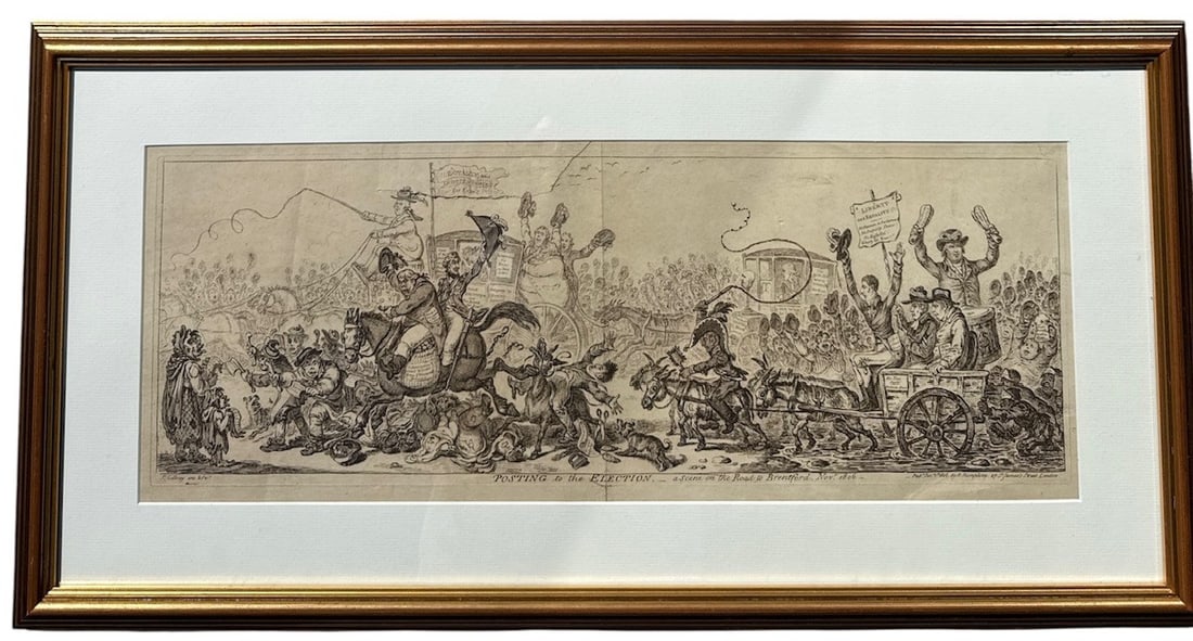 JAMES GILLRAY, 1756 - 1815, PANORAMIC ENGRAVING Titled ‘Posting to the Election’, a scen: JAMES GILLRAY, 1756 - 1815, PANORAMIC ENGRAVING Titled ‘Posting to the Election’, a scene on the road to Brentford, Nov 1806. (sight 24cm x 64cm, frame 42cm x 80cm)