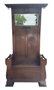 AN OAK AND INLAY ART NOUVEAU HALL BENCH. (h 198cm x d 40cm x w 105cm): AN OAK AND INLAY ART NOUVEAU HALL BENCH. (h 198cm x d 40cm x w 105cm)