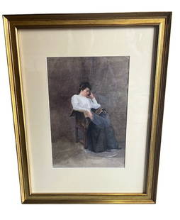 A FINE BRITISH SCHOOL WATERCOLOUR ON PREPARED PAPER, CIRCA APRIL 1910 Portrait of a young woman: A FINE BRITISH SCHOOL WATERCOLOUR ON PREPARED PAPER, CIRCA APRIL 1910 Portrait of a young woman resting in a chair, by an unknown hand. (sight 36cm x 25cm, frame 60cm x 47cm)