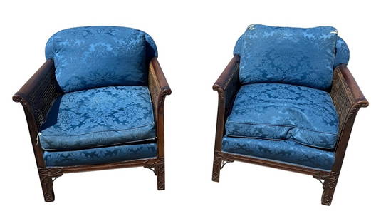A PAIR OF LATE 19TH/EARLY 20TH CENTURY CARVED MAHOGANY CHIPPENDALE DESIGN CANE ARMCHAIRS With: A PAIR OF LATE 19TH/EARLY 20TH CENTURY CARVED MAHOGANY CHIPPENDALE DESIGN CANE ARMCHAIRS With upholstered seats. (h 83cm x d 80cm x w 80cm)
