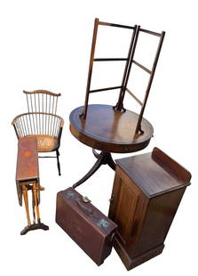 A COLLECTION OF FURNITURE ITEMS To include 19th Century mahogany Regency design drum table, 19th: A COLLECTION OF FURNITURE ITEMS To include 19th Century mahogany Regency design drum table, 19th Century mahogany and inlay bedside cupboard, mahogany southland table, towel rail, caned seated stick b