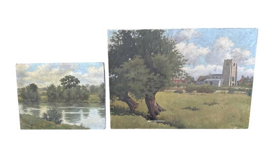 RICHARD FORD, TWO MID 20TH CENTURY BRITISH SCHOOL OILS ON CANVAS Riverscape and landscape, dated: RICHARD FORD, TWO MID 20TH CENTURY BRITISH SCHOOL OILS ON CANVAS Riverscape and landscape, dated 1942 and 1937. (largest 52cm x 72cm) Condition: AF